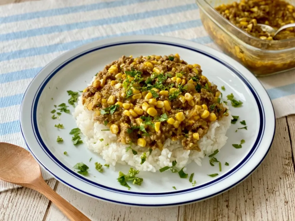 レンジでお手軽とうもろこしのチーズキーマカレー レンジでお手軽とうもろこしのチーズキーマカレー