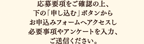 応募要項をご確認の上、下の「申し込む」ボタンからお申込みフォームへアクセスし必要事項やアンケートを入力、ご送信ください。