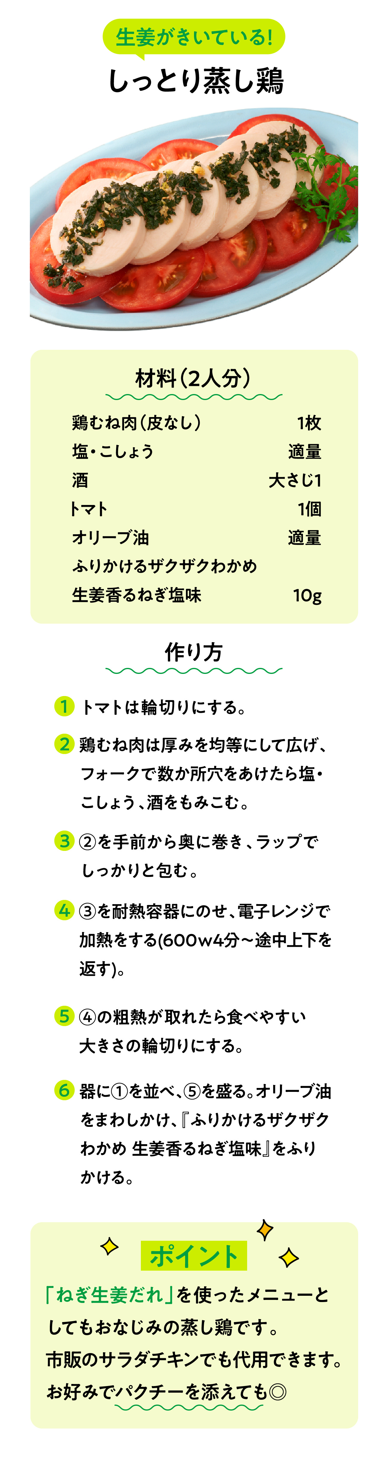 生姜がきいている！ しっとり蒸し鶏 材料（2人分） 鶏むね肉（皮なし） 1枚 塩・こしょう 適量 酒 大さじ1 トマト 1個 オリーブ油 適量ふりかける ザクザクわかめ生姜香るねぎ塩味 10g 作り方 1.トマトは輪切りにする。 2.鶏むね肉は厚みを均等にして広げ、フォークで数か所穴をあけたら塩・こしょう、酒をもみこむ。 3.②を手前から奥に巻き、ラップでしっかりと包む。 4.③を耐熱容器にのせ、電子レンジで加熱をする(600ｗ4分～途中上下を返す)。 5.④の粗熱が取れたら食べやすい大きさの輪切りにする。 6.器に①を並べ、⑤を盛る。オリーブ油をまわしかけ、『ふりかけるザクザクわかめ 生姜香るねぎ塩味』をふりかける。 ポイント 「ねぎ生姜だれ」を使ったメニューとしてもおなじみの蒸し鶏です。市販のサラダチキンでも代用できます。お好みでパクチーを添えても◎